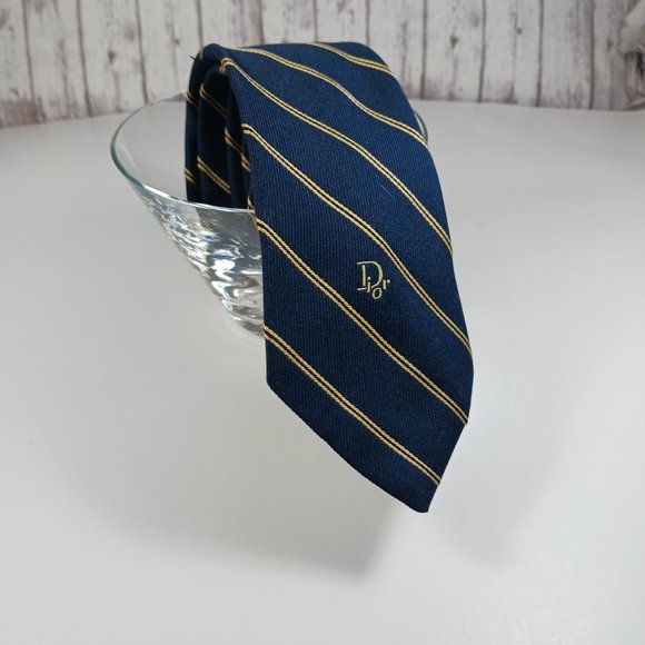Christian Dior Men's Necktie Navy Blue Yellow Diagonal Stripes - Picture 1 of 8